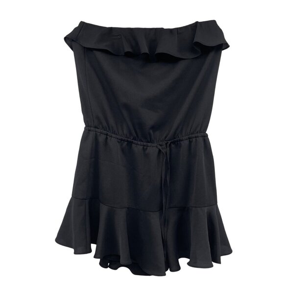 glam Pants - Glam Womens Strapless Romper Cinched Waist Ruffle Black Size Medium